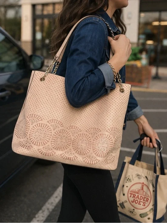 Tory Burch Perforated Leather Tote + Matching Wallet Set Blush Pink 2016 Bundle - Picture 3 of 14